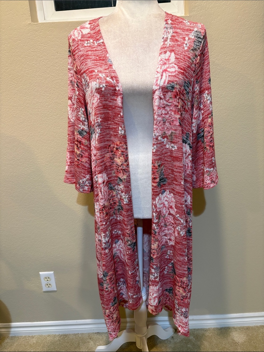 Torrid Coral-Pink Floral Knit Duster with Hi-Low Hem & Bell Sleeves-Size 0/L